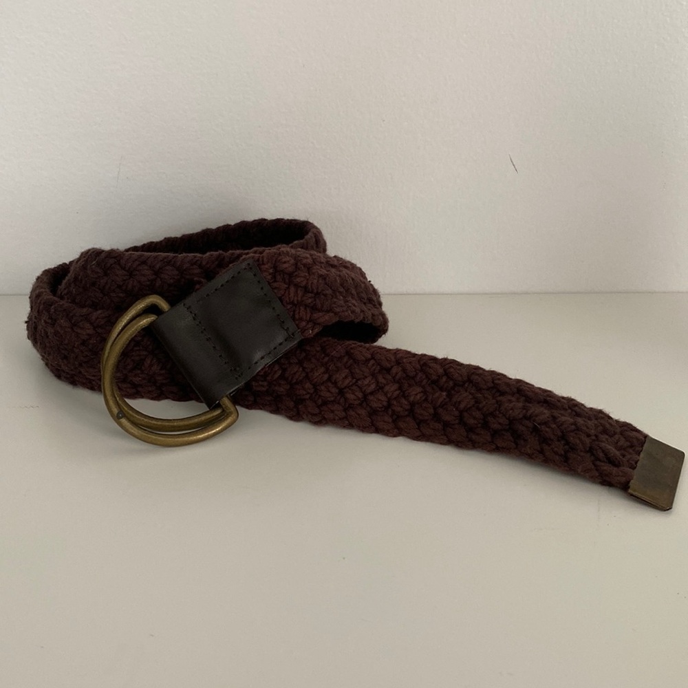 Brown woven belt brass buckle
